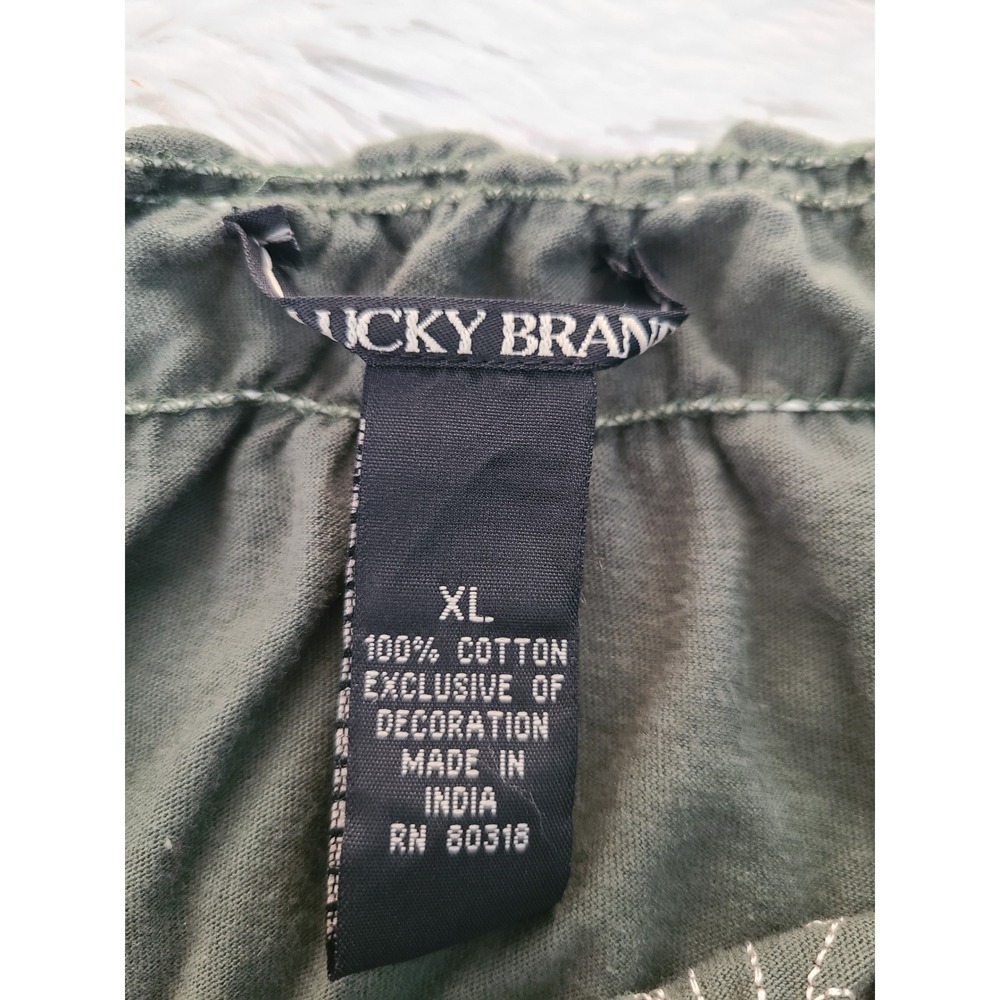 Lucky Brand Womens XL Olive Green Embroidered Cotton Peasant Blouse 7W60465 - Picture 6 of 8